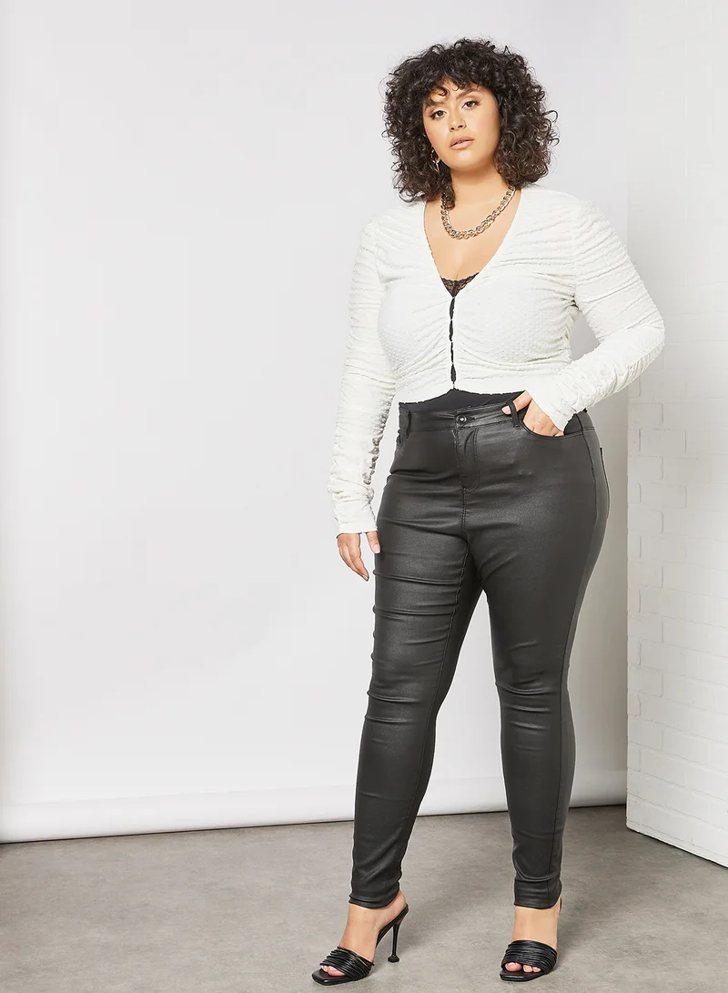 LOST INK Plus Size Ruched Sleeve Crop Top White