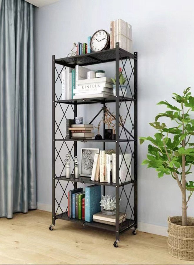 Home Time - 5-Layered Foldable Storage Rack With Wheels Black 34x71x160cm - Image 1
