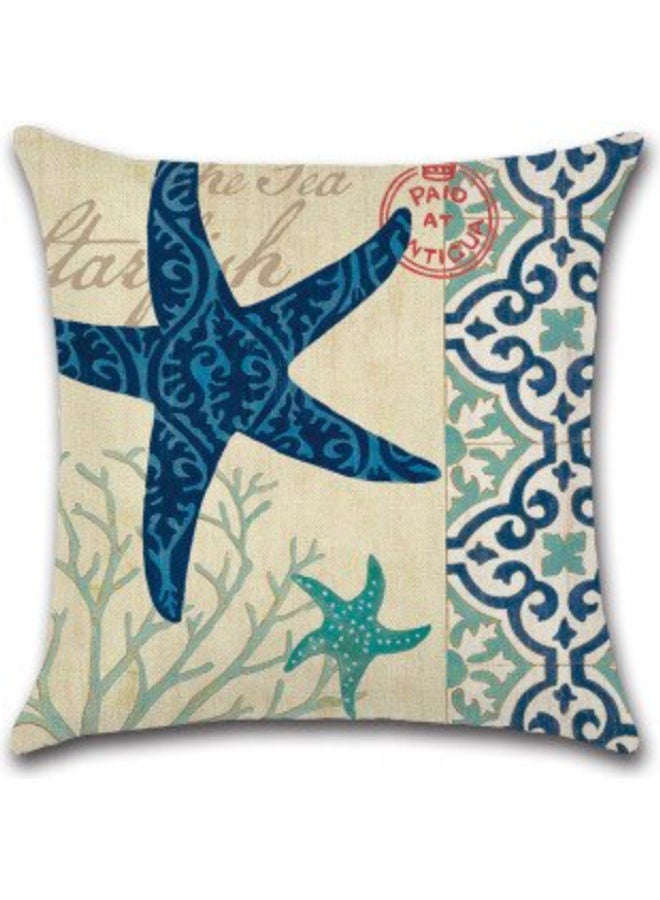 Vintage Star Fish Printed Cushion Cover Beige/Navy Blue 45x45cm - Image 1