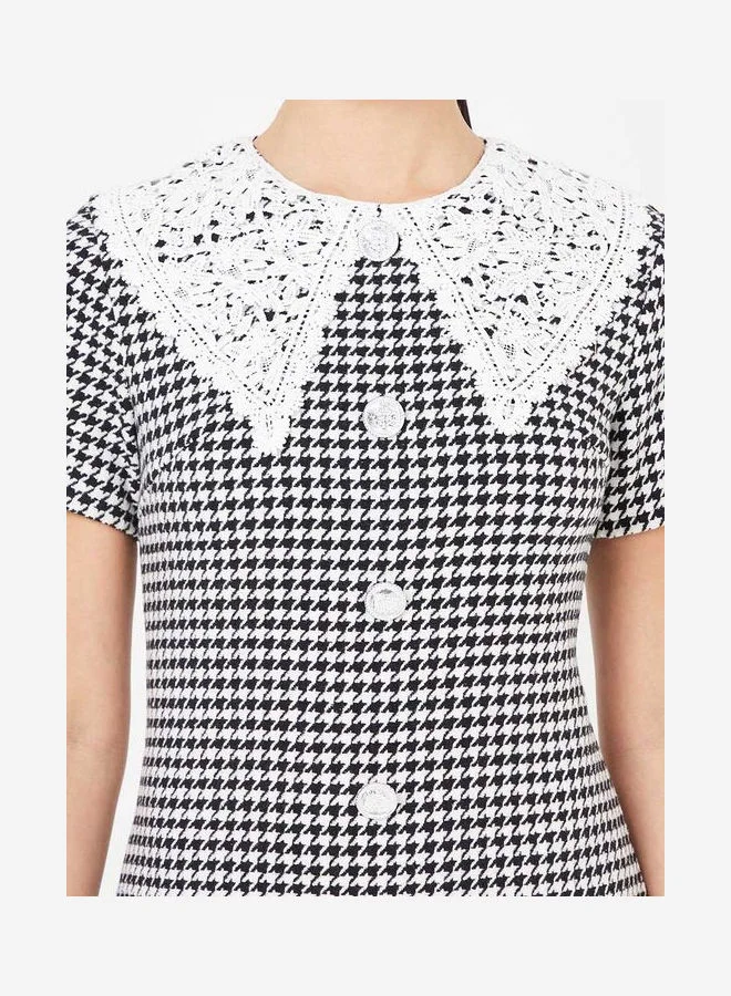 Closet By Styli Short Sleeves Houndstooth Pattern Woven Mini Dress Black/White