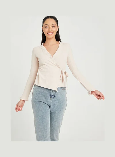 Closet By Styli Frill Edge Detail Long Sleeves Ribbed Knit Wrap Top Cream