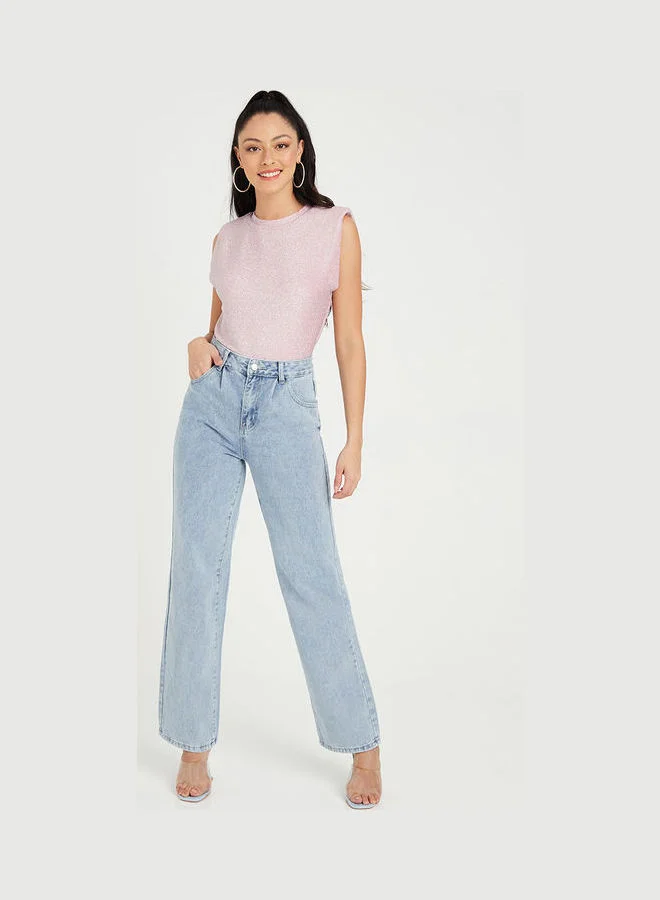 Closet By Styli Sleeveless Padded Shoulder Regular Fit Lurex T-Shirt Light Pink