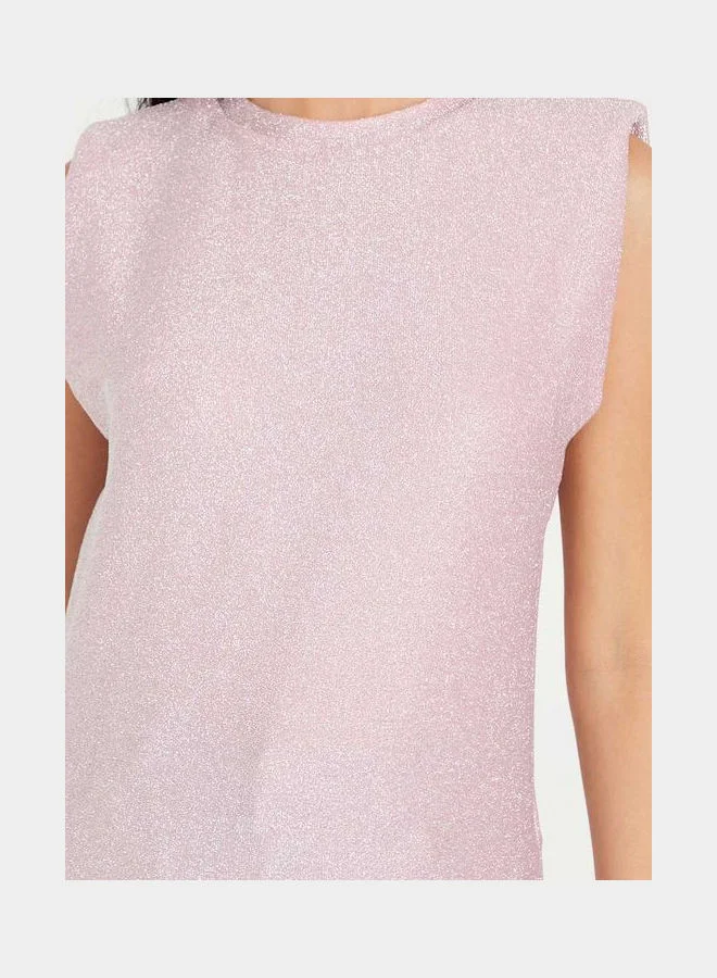 Closet By Styli Sleeveless Padded Shoulder Regular Fit Lurex T-Shirt Light Pink