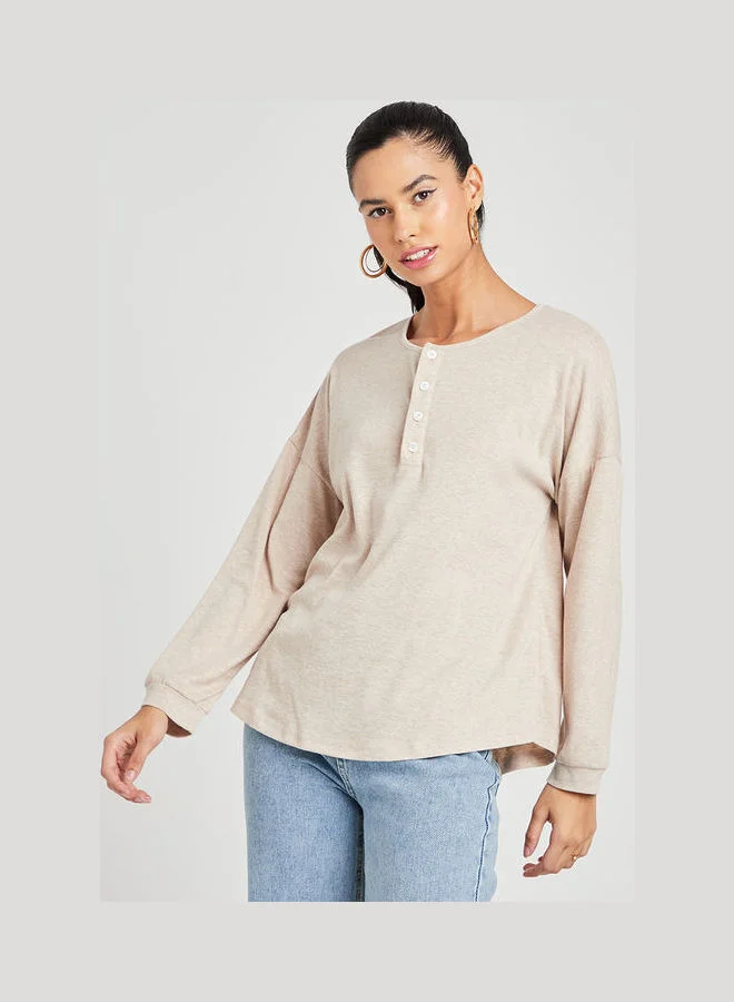 Closet By Styli Button Closurelong Sleeves Oversized Knitted Top Beige