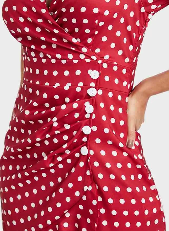 Closet By Styli Polka Dot Printed Ruffle Detail Bodycon Mini Dress Red/White