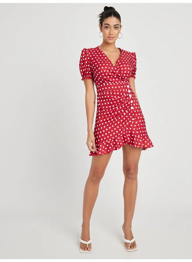 Closet By Styli Polka Dot Printed Ruffle Detail Bodycon Mini Dress Red/White