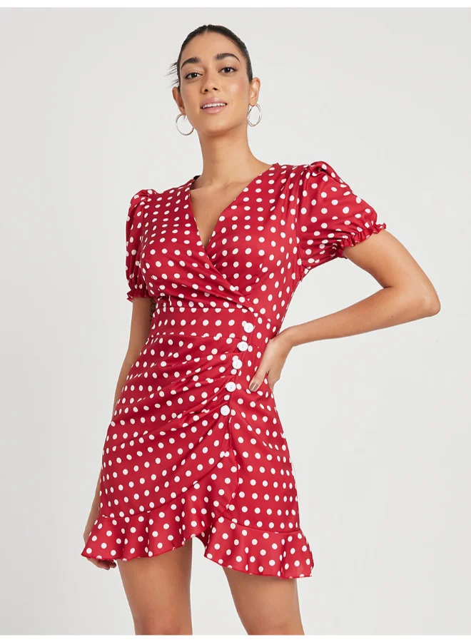 Closet By Styli Polka Dot Printed Ruffle Detail Bodycon Mini Dress Red/White