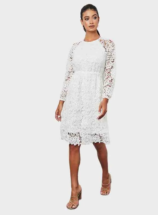 Closet By Styli Floral Lace Pattern Long Sleeves Knee Length Dress White