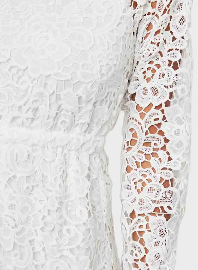 Closet By Styli Floral Lace Pattern Long Sleeves Knee Length Dress White