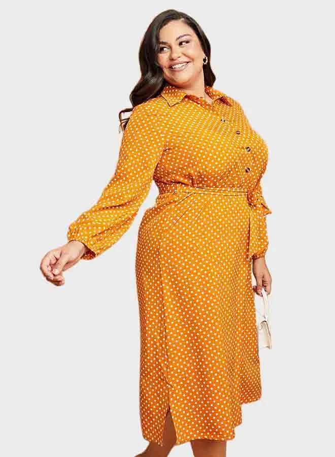 Closet By Styli Plus Size Polka Dot Printed A-Line Midi Dress Mustard