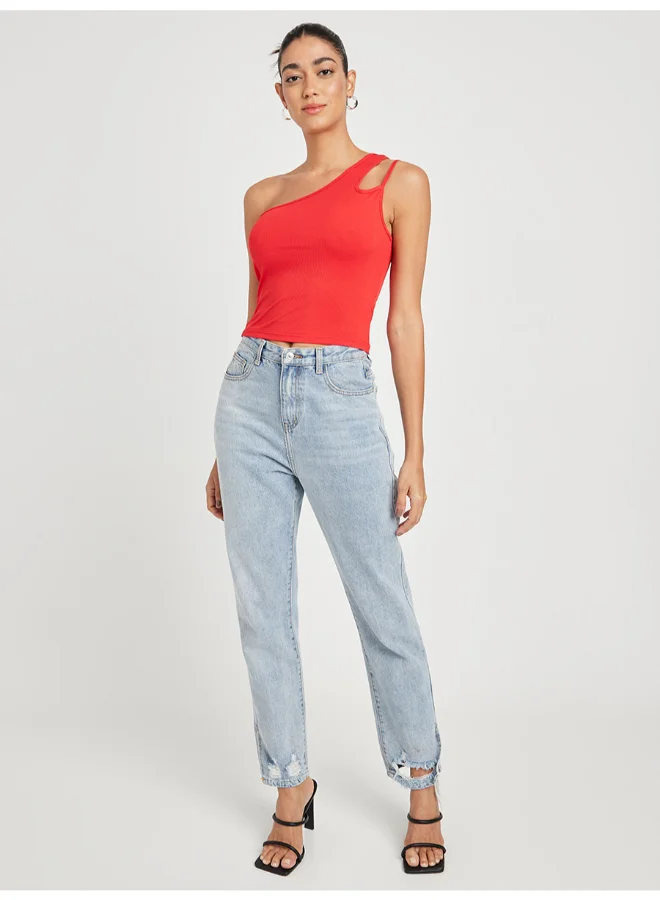 Closet By Styli One Shoulder Double Strap Ribbed Top Red