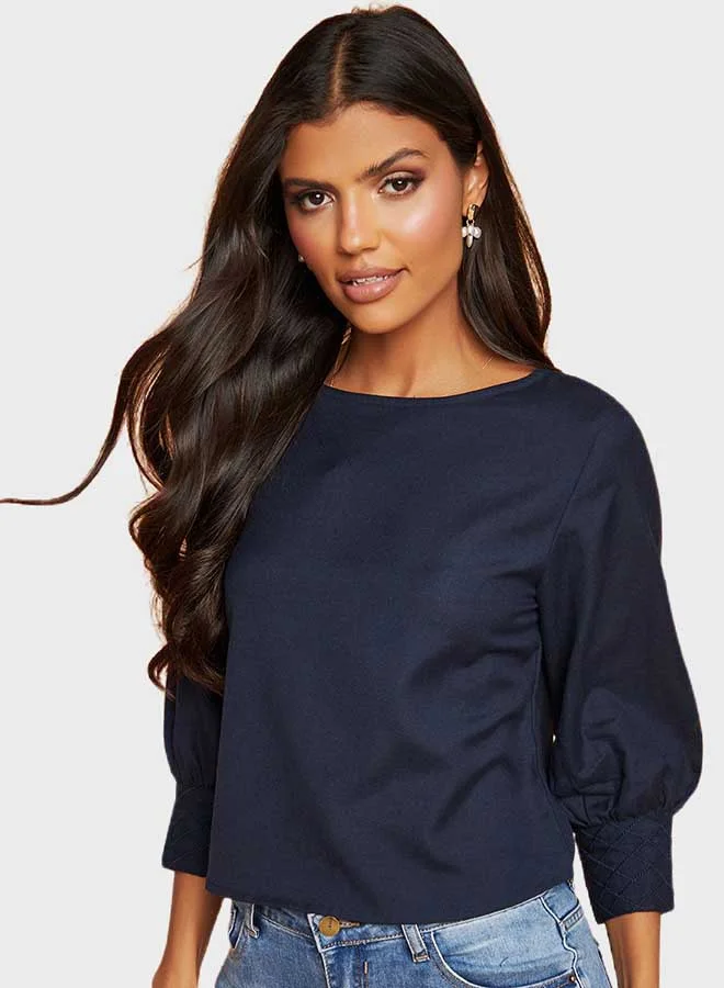 Closet By Styli Three-Quarter Sleeve Boat Neck Top Navy Blue