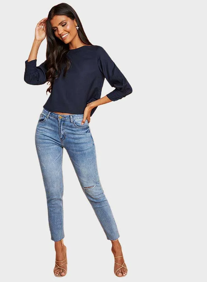 Closet By Styli Three-Quarter Sleeve Boat Neck Top Navy Blue