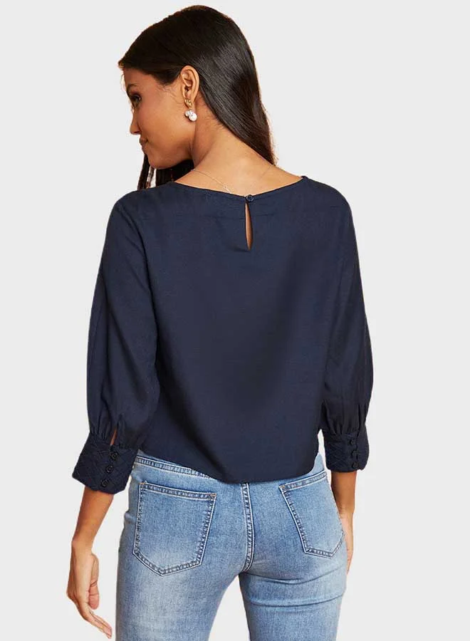 Closet By Styli Three-Quarter Sleeve Boat Neck Top Navy Blue