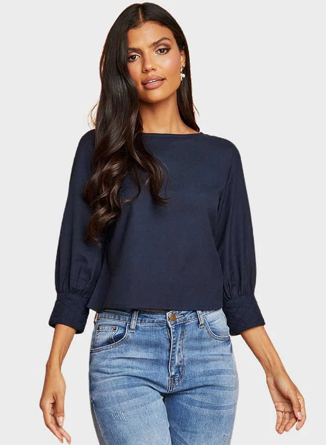 Closet By Styli Three-Quarter Sleeve Boat Neck Top Navy Blue