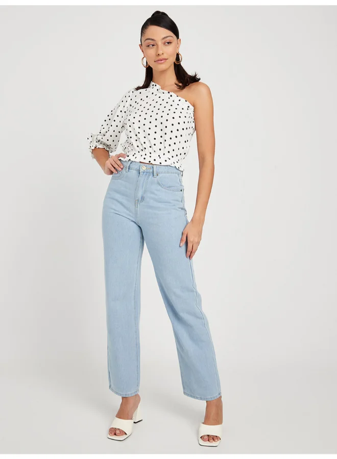 Closet By Styli Polka Dot Print One Shoulder Crop Top White/Black