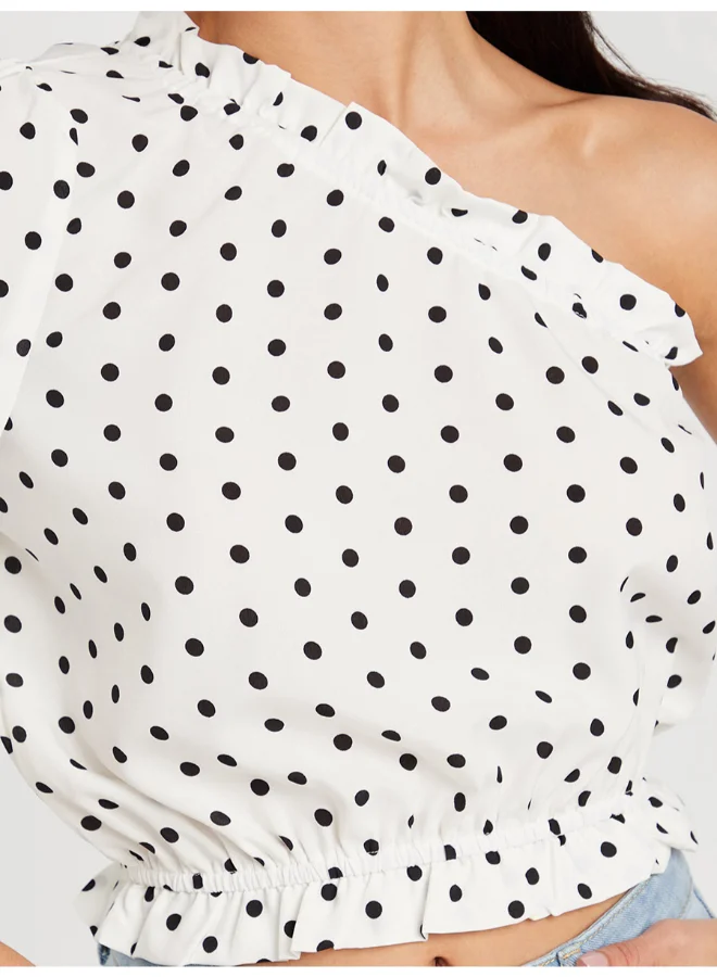 Closet By Styli Polka Dot Print One Shoulder Crop Top White/Black