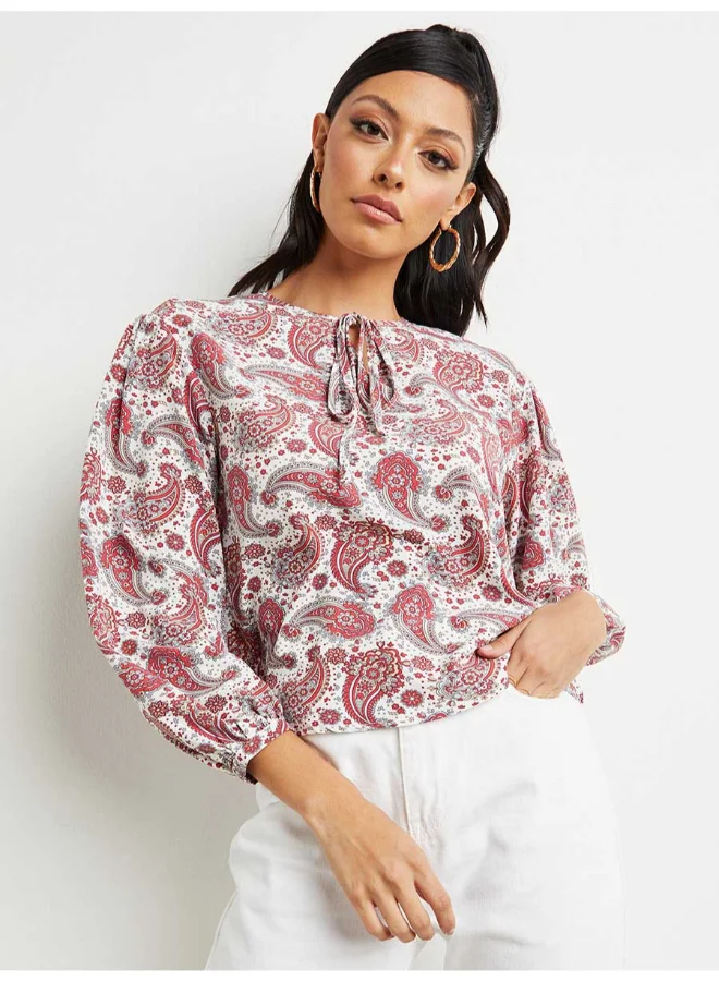 Closet By Styli Paisley Boho Print Tie-Up Neck Top Multicolour