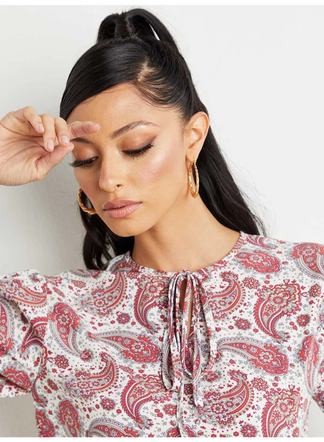 Closet By Styli Paisley Boho Print Tie-Up Neck Top Multicolour