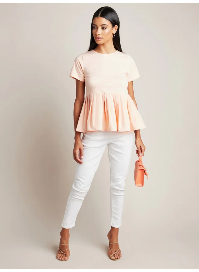 Closet By Styli Round Neck Peplum Top Pink