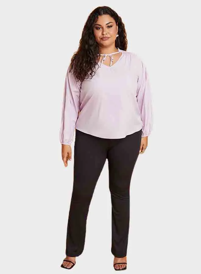 Closet By Styli Tie-Up Neck Long Sleeves Smock Top Purple