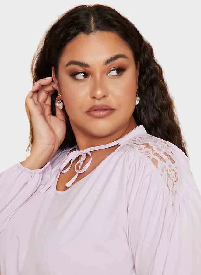 Closet By Styli Tie-Up Neck Long Sleeves Smock Top Purple