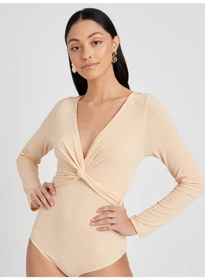 Closet By Styli Knot Detail Fitted Long Sleeve Bodysuit Beige