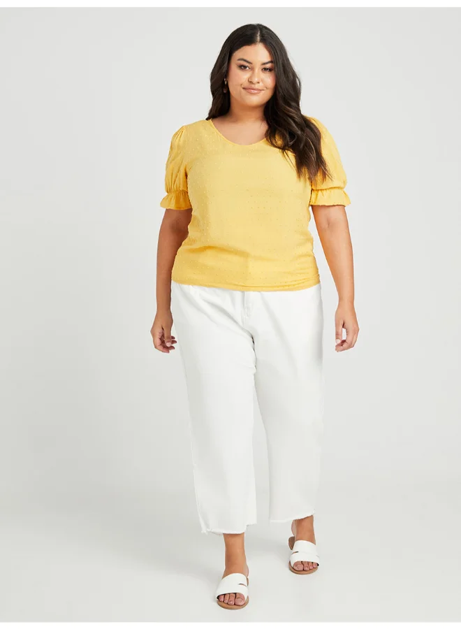 Closet By Styli Puff Sleeves Round Neck Dobby Top Yellow