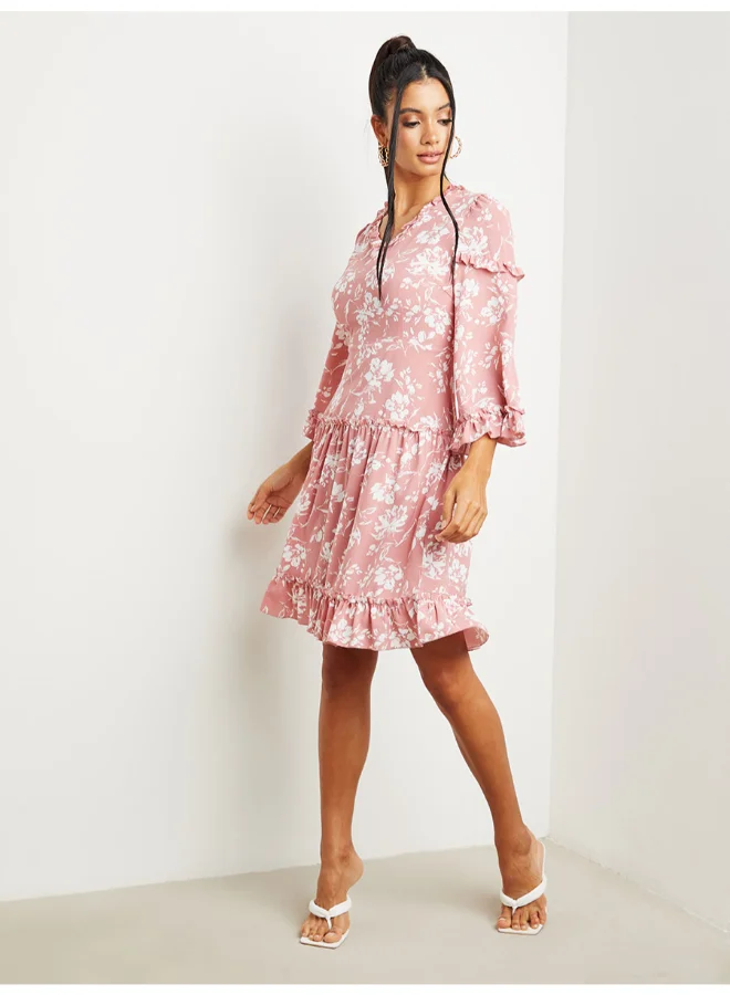 Closet By Styli Floral Print Ruffle Detail A-Line Dress Pink