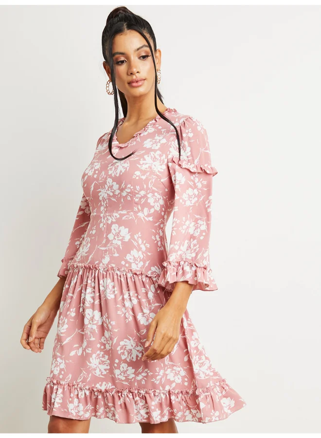 Closet By Styli Floral Print Ruffle Detail A-Line Dress Pink