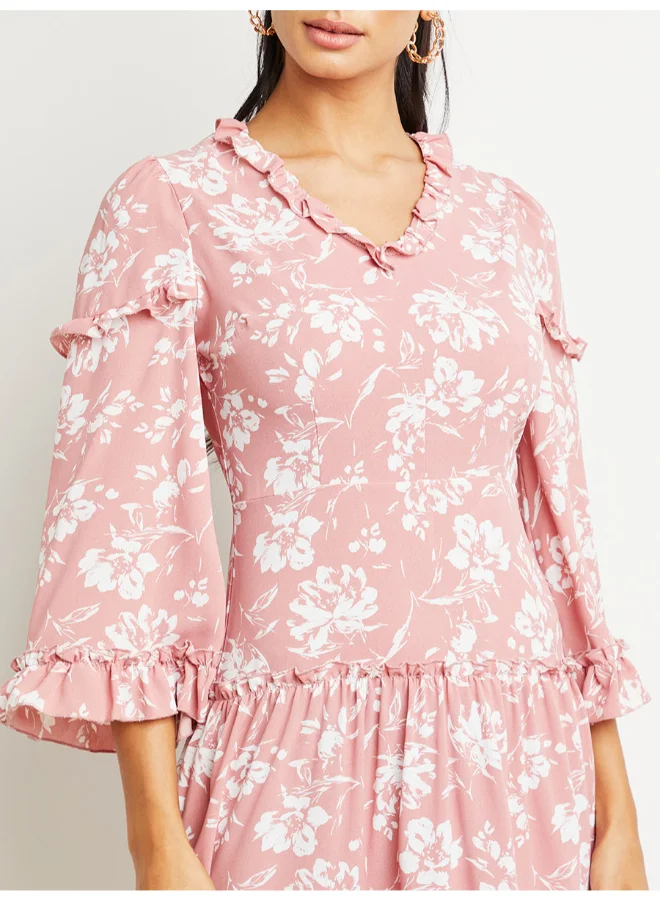 Closet By Styli Floral Print Ruffle Detail A-Line Dress Pink