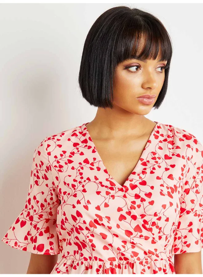 Closet By Styli Heart Ditsy Print V-Neck Tiered Maxi Dress Pink/Red