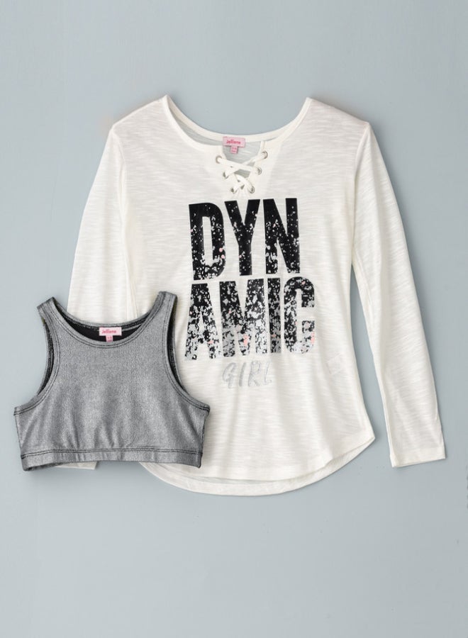 Jelliene Full Sleeve Knit Print At Front Top And Crop Top Set Ivory/Grey  - Image 1