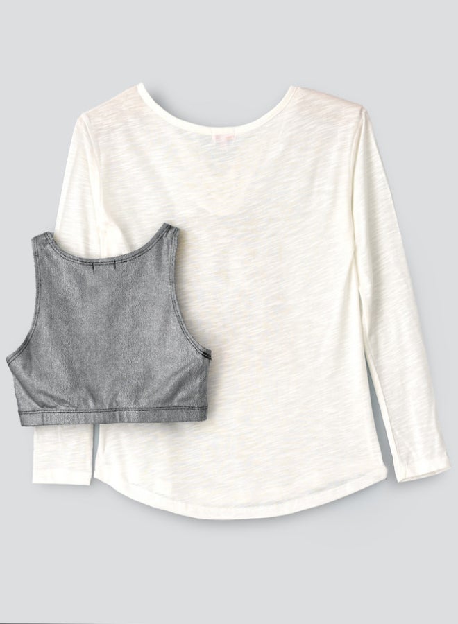 Jelliene Full Sleeve Knit Print At Front Top And Crop Top Set Ivory/Grey  - Image 2