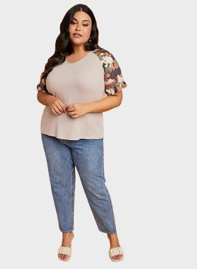 Closet By Styli Camouflage Print Raglan Sleeve V-Neck Top Beige