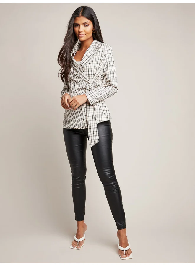 Closet By Styli Checkered Pattern Tartan Plaid Self Tie Blazer Multicolour