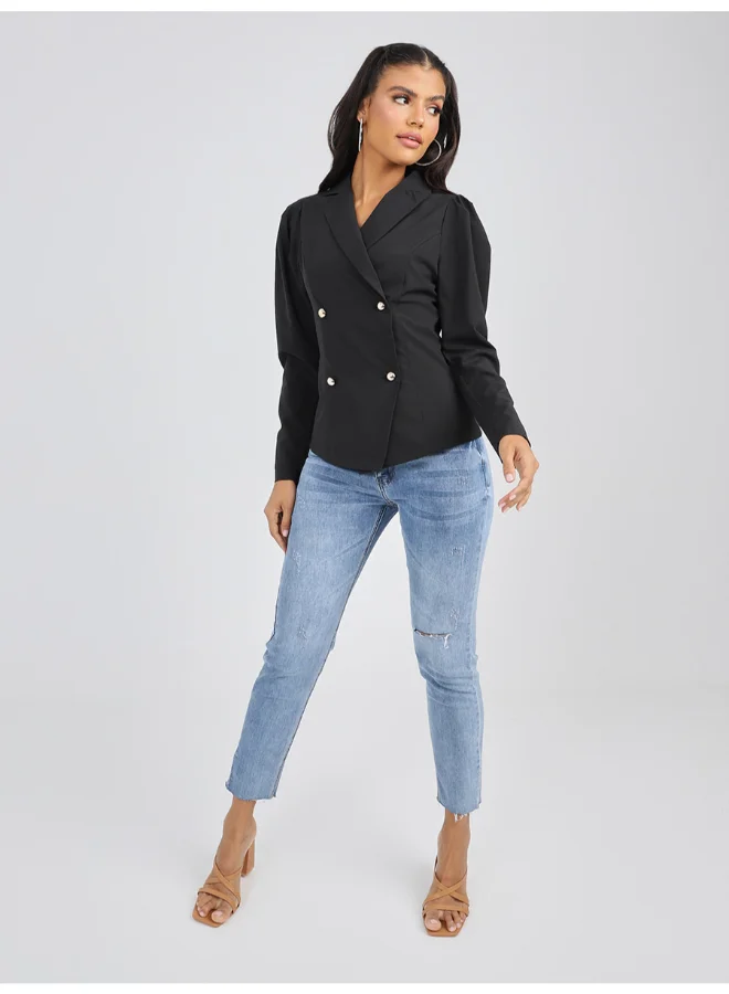 Closet By Styli Double Breasted Puff Sleeve Blazer Black