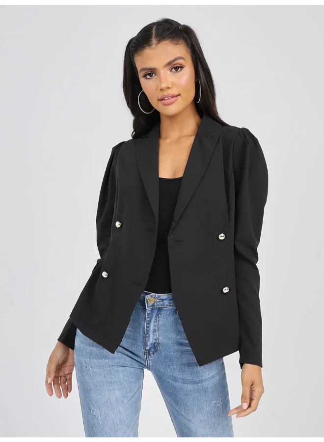 Closet By Styli Double Breasted Puff Sleeve Blazer Black