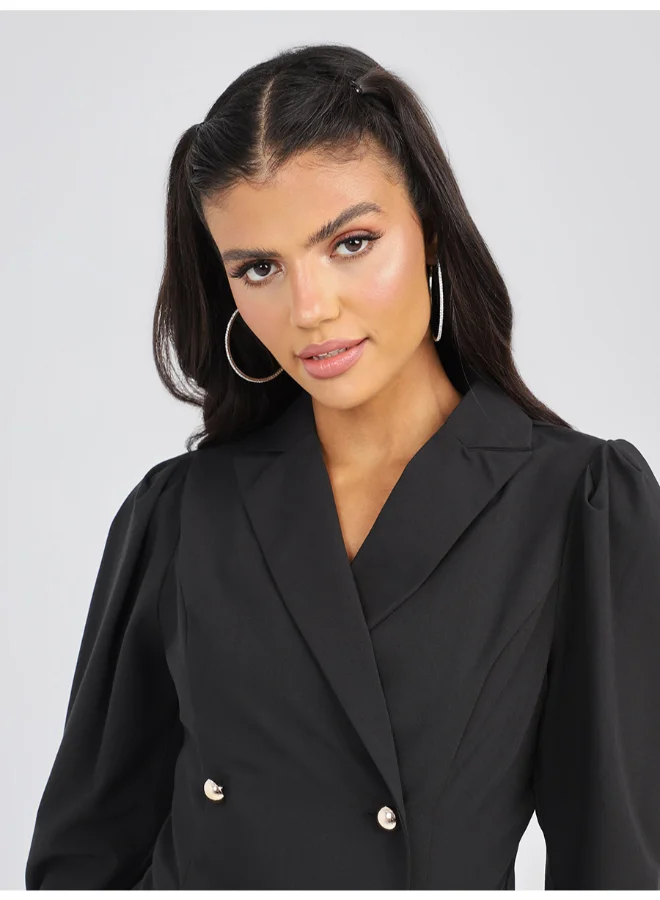 Closet By Styli Double Breasted Puff Sleeve Blazer Black