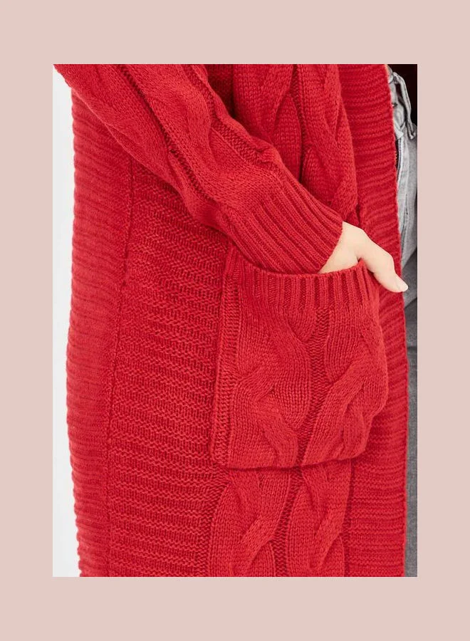 Closet By Styli Longline Cable Knit Open Front Cardigan With Pockets Red