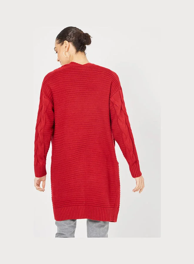 Closet By Styli Longline Cable Knit Open Front Cardigan With Pockets Red