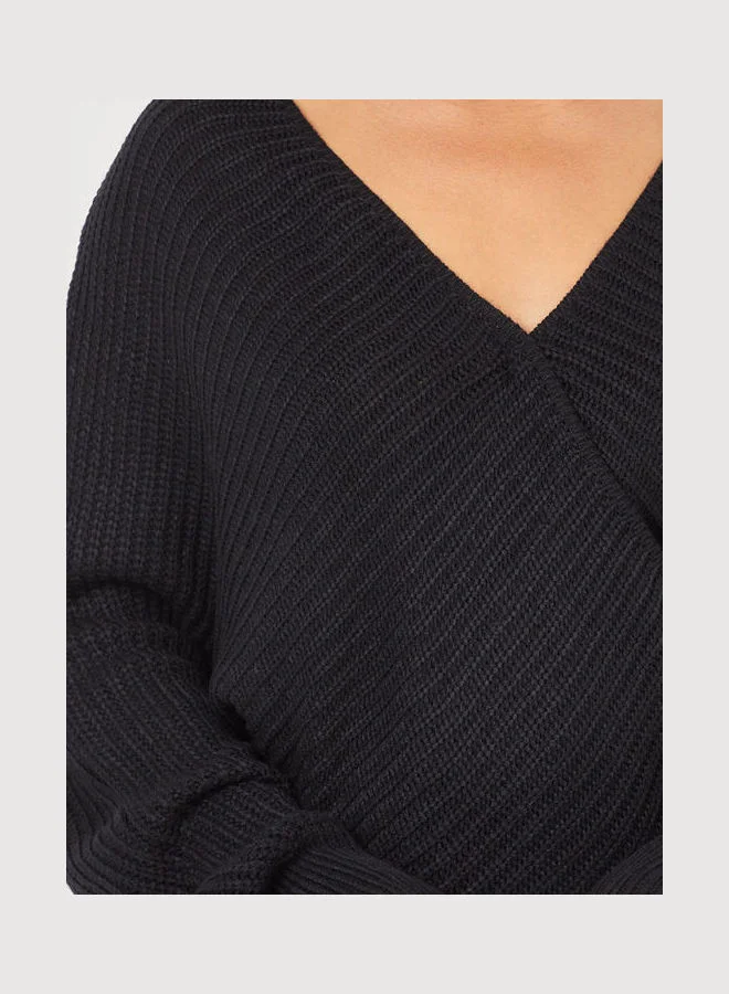 Closet By Styli Long Sleeves Wrap Front Relaxed Fit Knitted Sweater Black