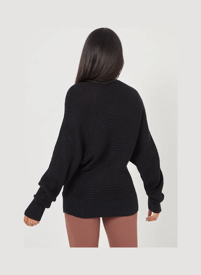 Closet By Styli Long Sleeves Wrap Front Relaxed Fit Knitted Sweater Black