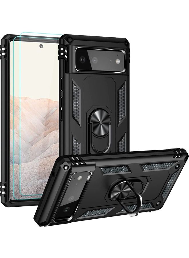 Rock Pow Google Pixel 6 Case With HD Screen Protectors Ring Holder Kickstand Black  - Image 1