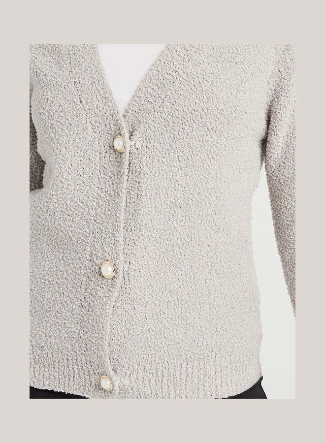 Closet By Styli Long Sleeves Pearl Button Fuzzy Knit Cardigan Grey