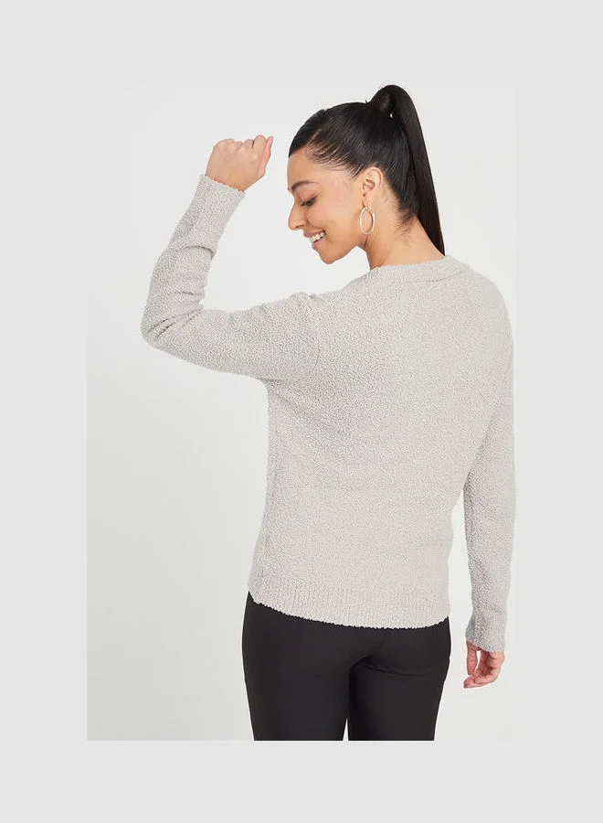 Closet By Styli Long Sleeves Pearl Button Fuzzy Knit Cardigan Grey