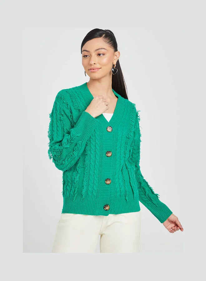 Closet By Styli Fringe Detail Cable Knit Button Through Regular Cardigan Green