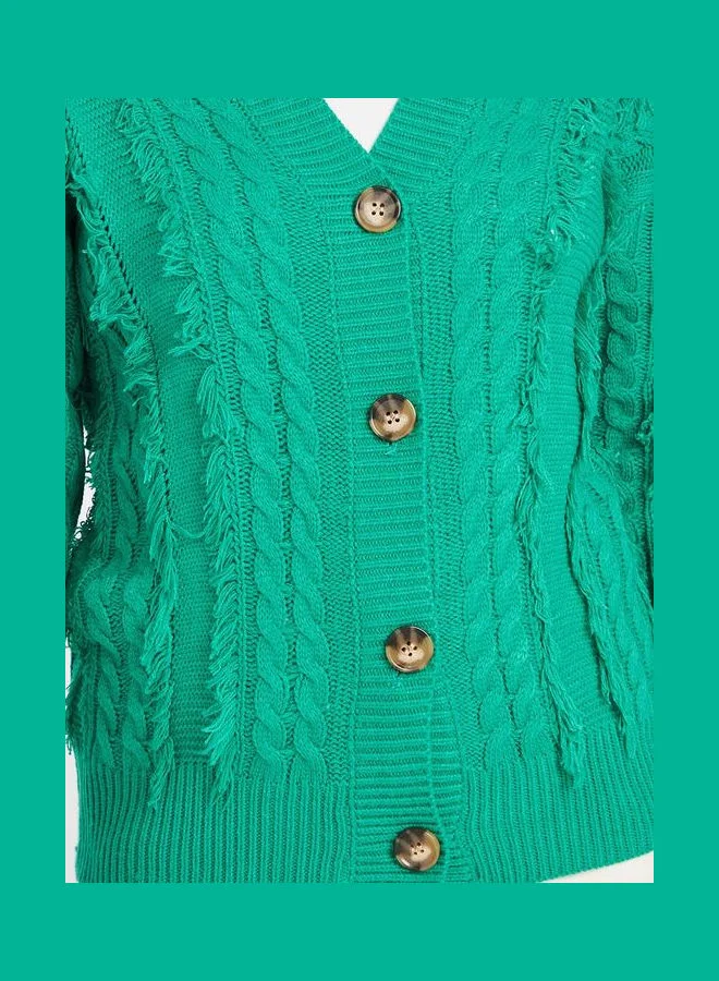 Closet By Styli Fringe Detail Cable Knit Button Through Regular Cardigan Green