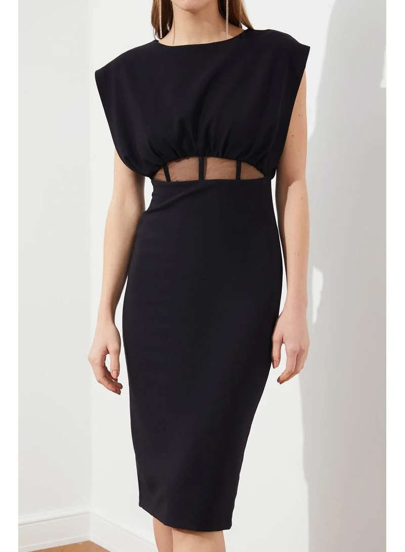 trendyol Cap Sleeves Round Neck Woven Bodycon Midi Dress Black