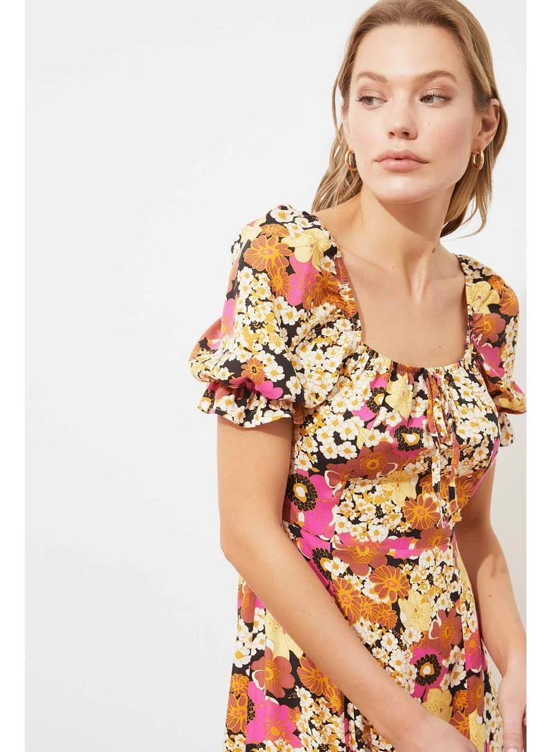trendyol Short Sleeves Square Neck Woven Floral Print Midi Dress Multicolour